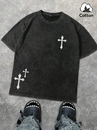 Hemo, Men's Round Neck Short Sleeve Simple Commuter Top, Casual Daily Cross Print Distressed Print T-Shirt
